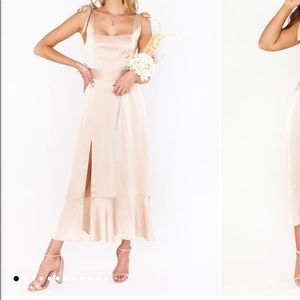 Show me your mumu Claire bridesmaid dress in color champagne luxe satin